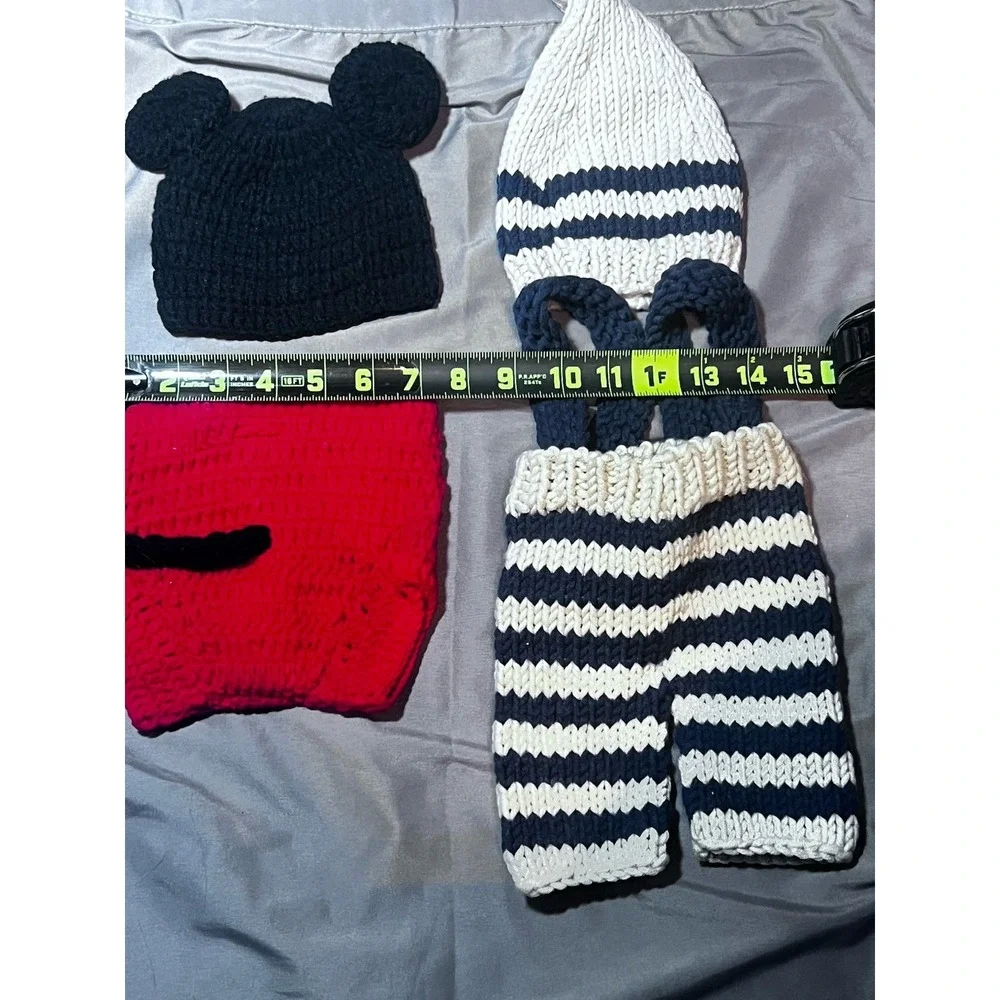 2 Knit Outfit Newborn Crochet Pants Hat Photo‎ Props Shoot Baby Boy Mickey Lot